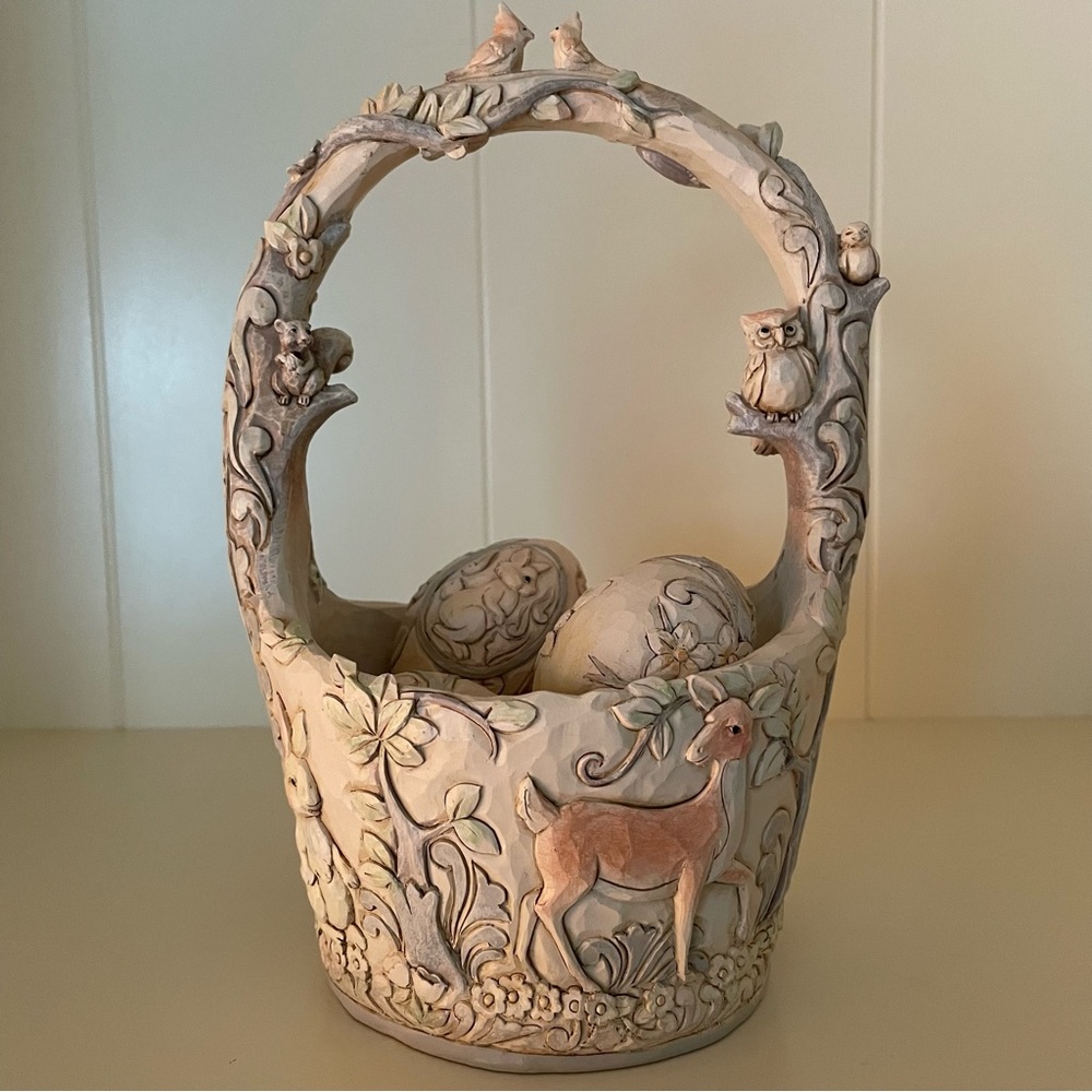 Jim Shore “Follow Your Path” White Woodland Easter Basket with Eggs